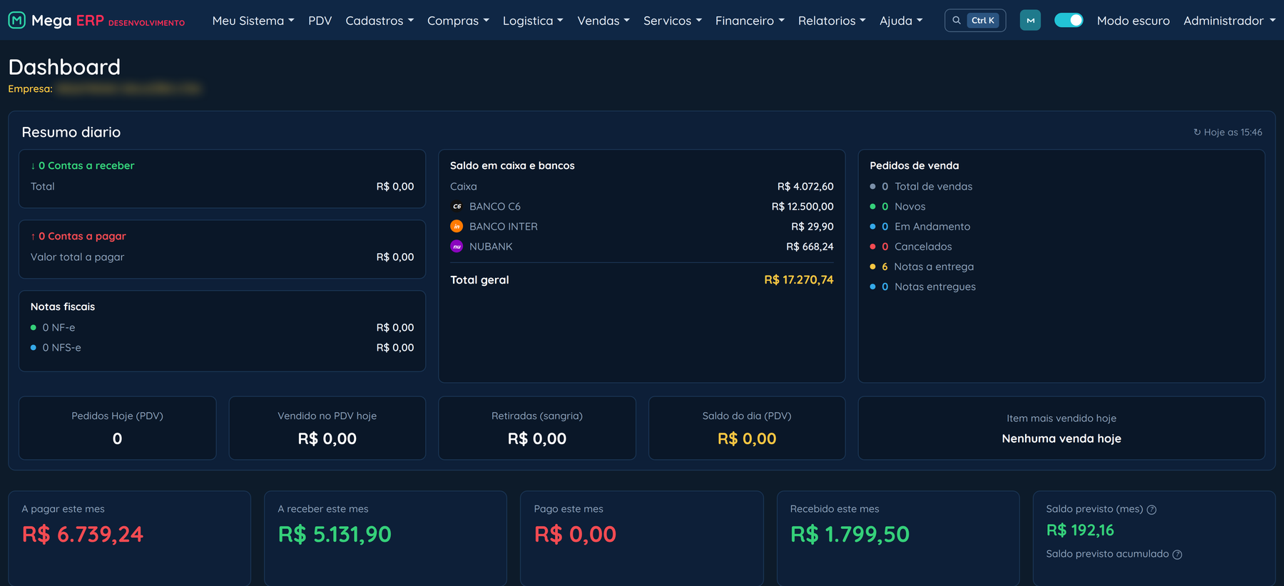 Dashboard principal do Sistema Comercial Megatronic, com gráficos e resumo financeiro do mês